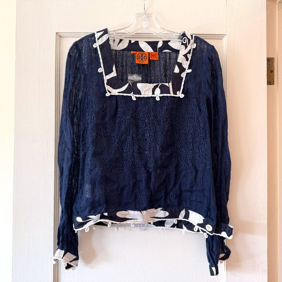 Tory Burch | Floral Fabric Trimmed Square-Neck Blouse - Picture 1 of 12